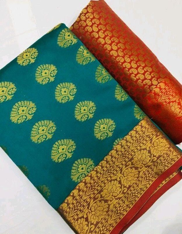 Woven Banarasi Jacquard Saree  (Green, Red)