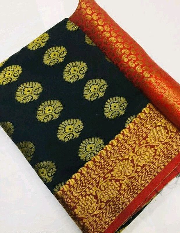 Woven Banarasi Jacquard Saree  (Black, Red)