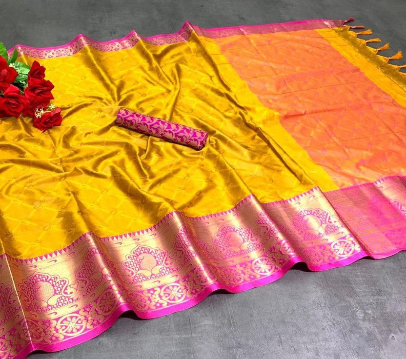 Woven Daily Wear Jacquard, Cotton Silk Saree  (Yellow)