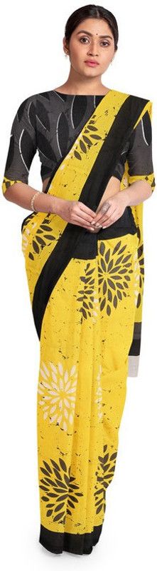 Printed Hand Batik Cotton Blend Saree  (Yellow)