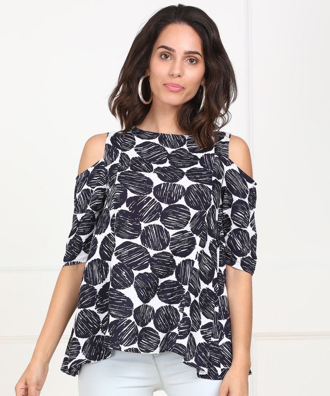 Formal Cold Shoulder Sleeves Printed Women Dark Blue, White Top