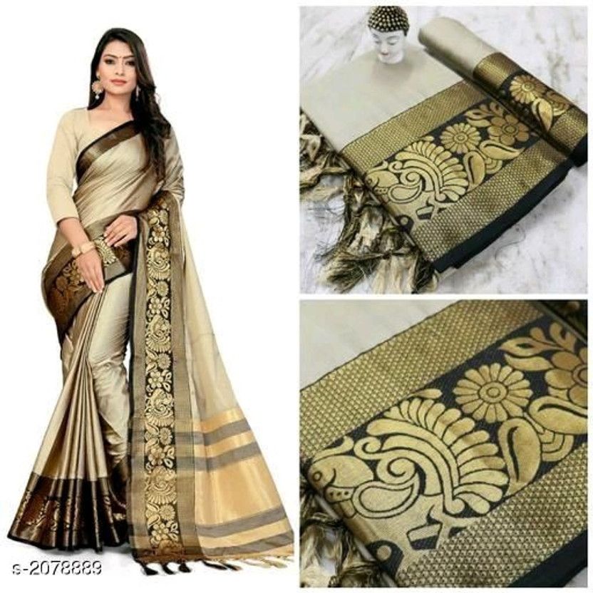 Woven Banarasi Jacquard, Cotton Silk Saree  (Gold, Black, Cream)