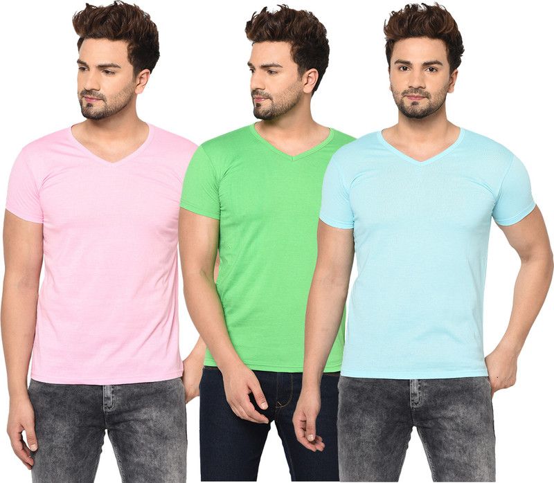 Pack of 3 V neck Combo T-shirts Multicolor Men Solid V Neck Cotton Blend Light Blue, Green, Pink T-Shirt