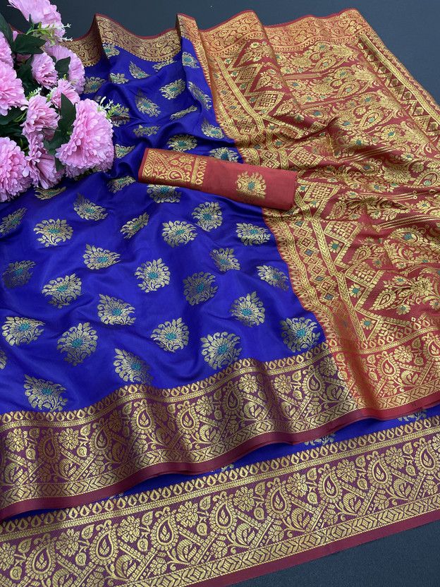 Woven Banarasi Pure Silk, Cotton Silk Saree  (Red, Blue)