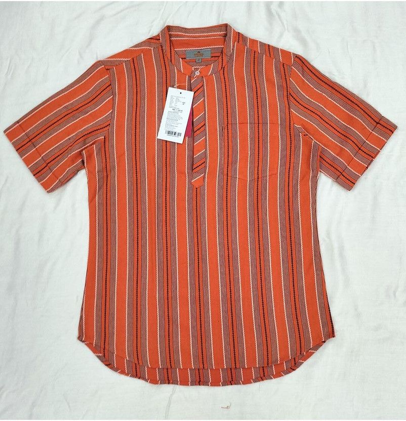 Men Striped Cotton Blend Straight Kurta  (Orange)