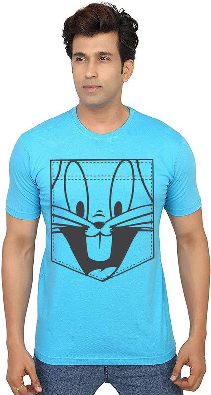 Pocket Bunny Men Graphic Print Round Neck Pure Cotton Light Blue T-Shirt