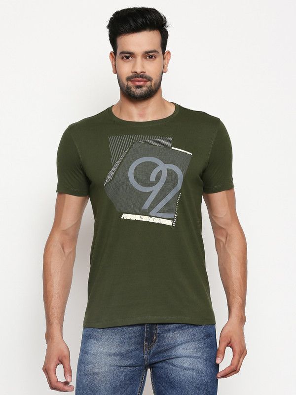 ECMKT-02BJ-018 Men Printed Round Neck Cotton Blend Green T-Shirt