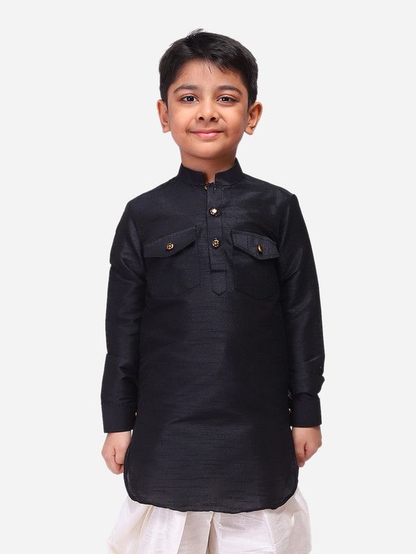 Boys Striped Dupion Silk Straight Kurta  (Black)