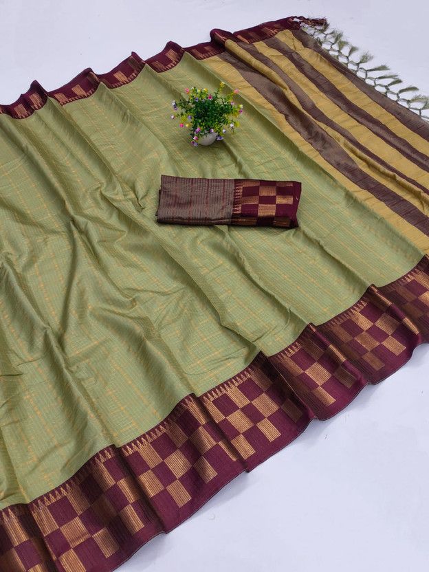 Embellished, Dyed, Checkered Dharmavaram Pure Silk, Cotton Silk Saree  (Dark Green)