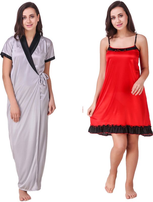 Women Nighty with Robe  (Silver)