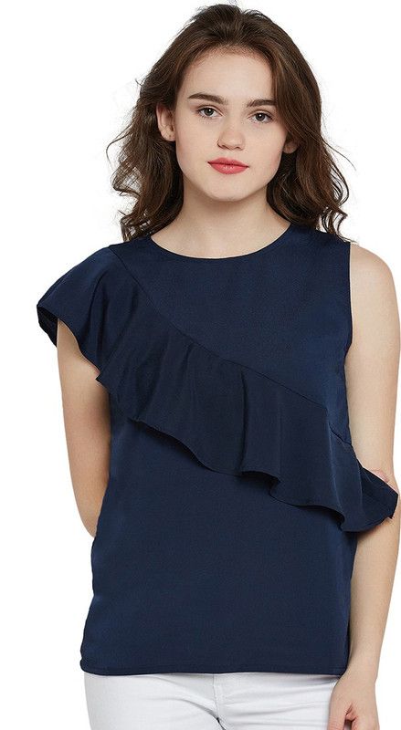 Casual One Shoulder Sleeves Solid Women Dark Blue Top