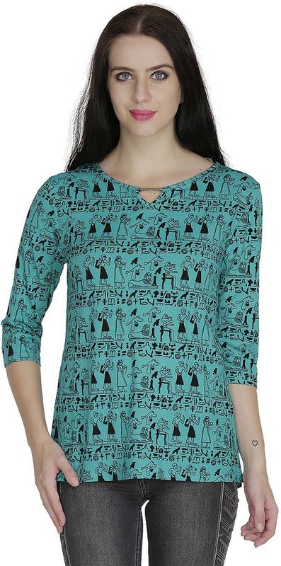Casual Regular Sleeves Graphic Print Women Green, Black Top