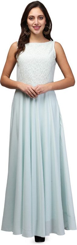 Embellished Crepe Stitched Straight Gown  (Light Blue)