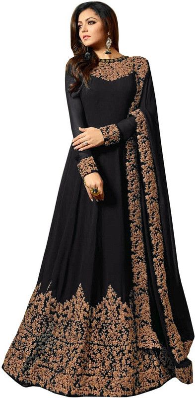 Embroidered Georgette Semi Stitched Anarkali Gown  (Black)