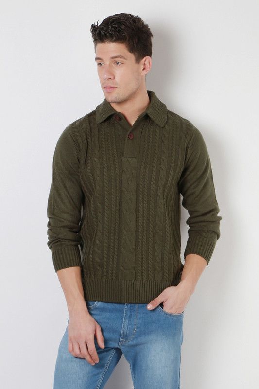 Men Self Design Green Sweater