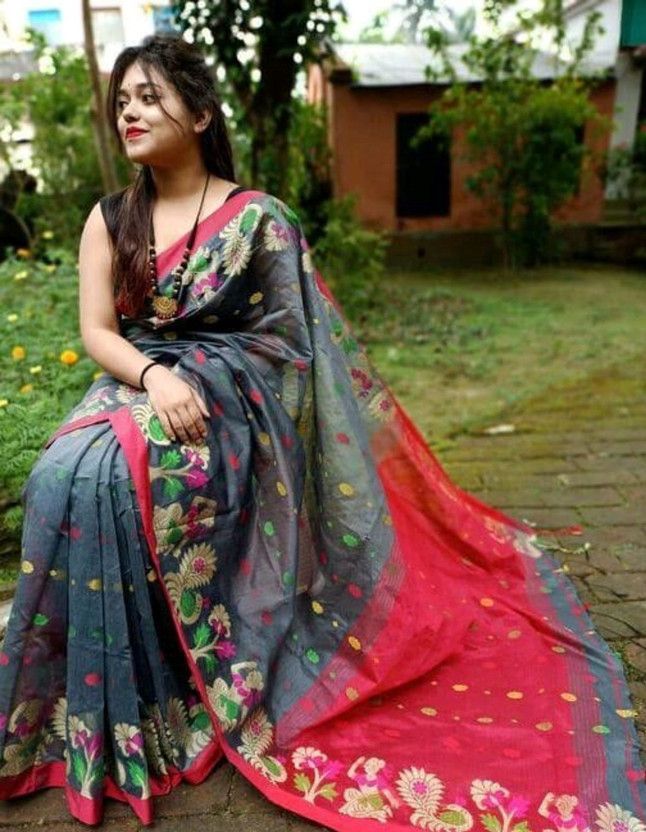 Embroidered Daily Wear Cotton Blend Saree  (Pink, Grey)
