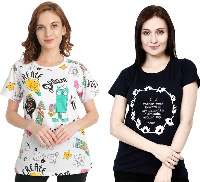 Pack of 2 TSHIRT Women Printed Round Neck Cotton Blend White, Navy Blue T-Shirt