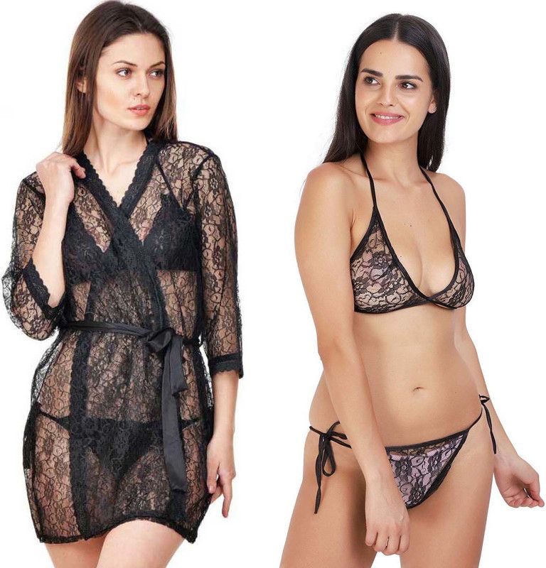 Pack of 3 Women Nighty Set  (Black, Black)