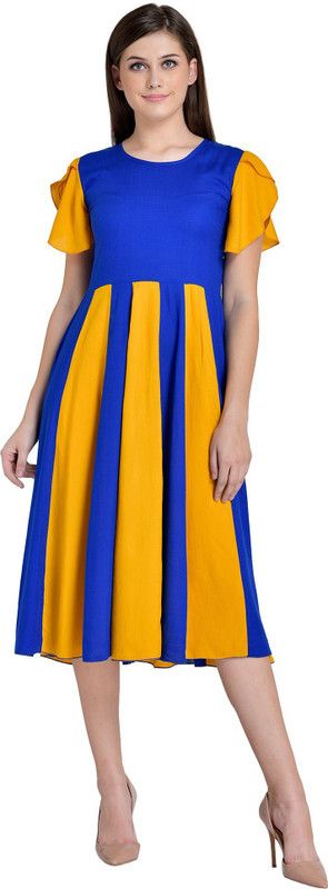 Women Fit and Flare Blue, Yellow Dress