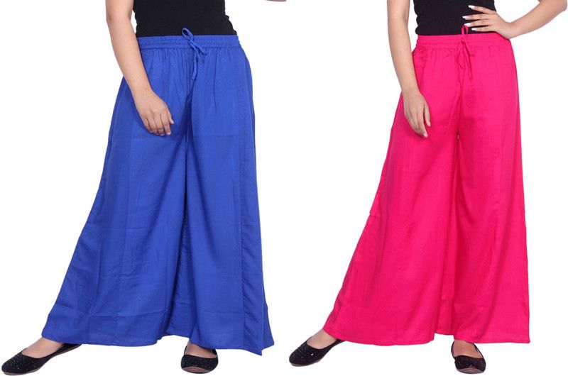 Pack of 2 Women Flared Blue, Pink Cotton Blend Trousers