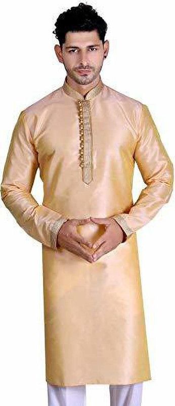 Men Self Design Cotton Silk Straight Kurta  (Brown)