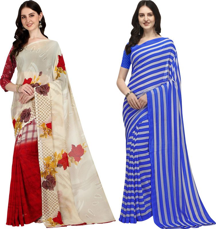 Printed Daily Wear Georgette Saree  (Pack of 2, Light Blue, Pink)