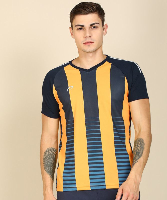 Men Striped V Neck Polyester Dark Blue, Yellow T-Shirt