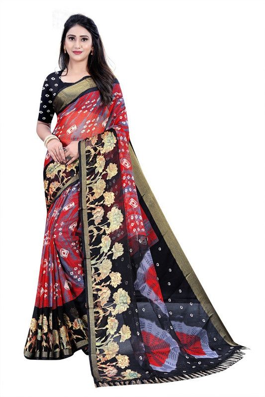 Printed Bandhani Brasso Saree  (Red)