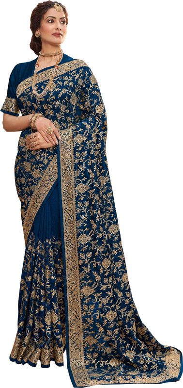 Embroidered Kanjivaram Satin Saree  (Dark Blue)