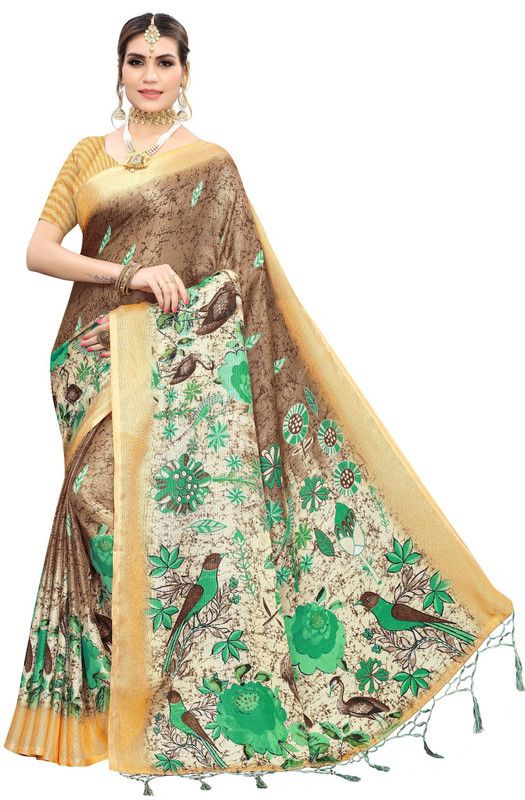 Floral Print Bollywood Cotton Jute Saree  (Orange)