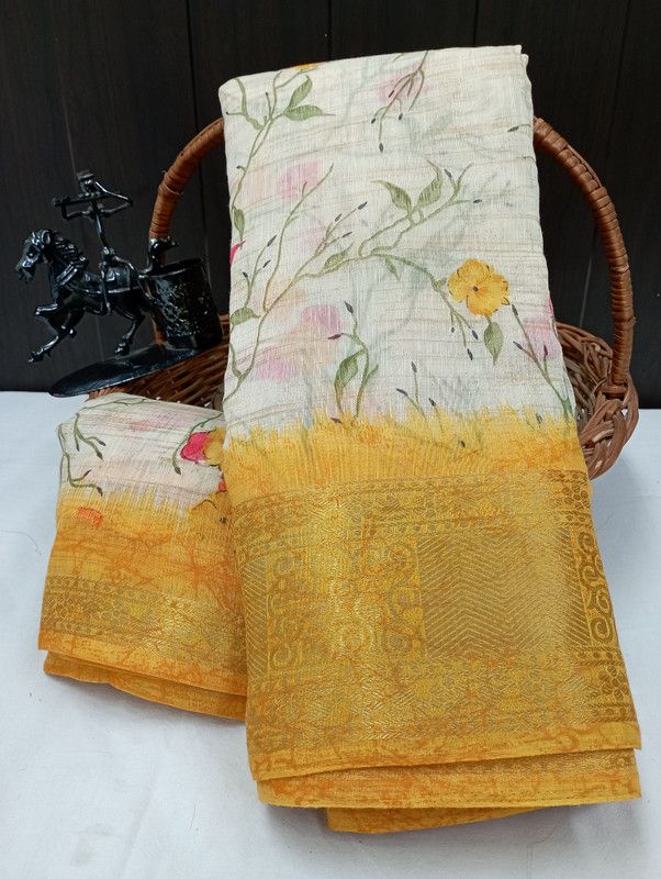 Fashion Cotton Blend, Jacquard Saree  (White, Gold)
