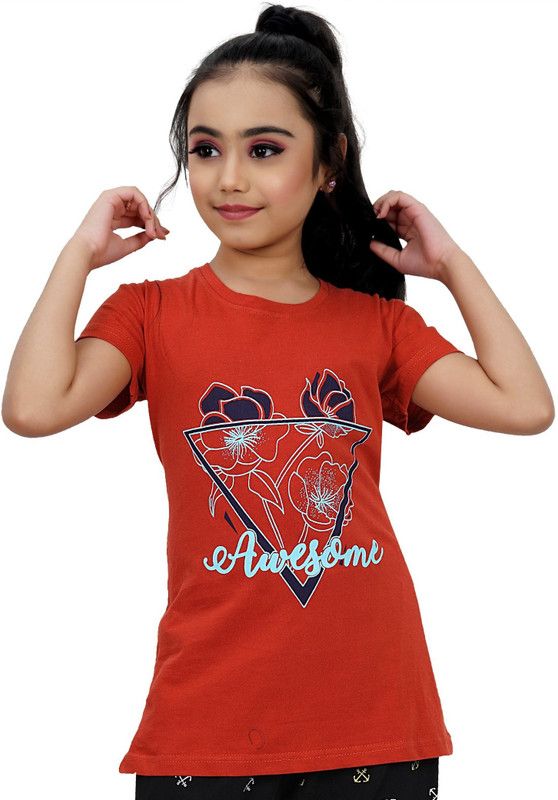 Girls Typography Cotton Blend T Shirt  (Multicolor, Pack of 1)