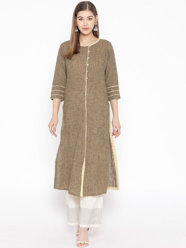 Women Self Design Jute Straight Kurta  (Yellow)