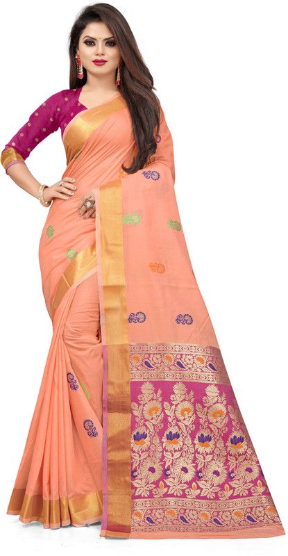 Self Design Madhubani Cotton Linen Saree  (Orange)