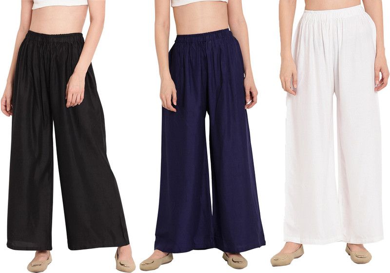 Pack of 3 Women Relaxed Black, Dark Blue, White Viscose Rayon Trousers