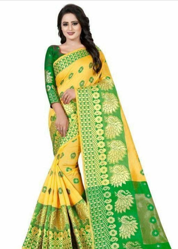 Animal Print Bollywood Jacquard Saree  (Yellow)