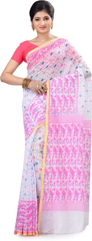 Printed Tant Handloom Cotton Linen Saree  (Pink)