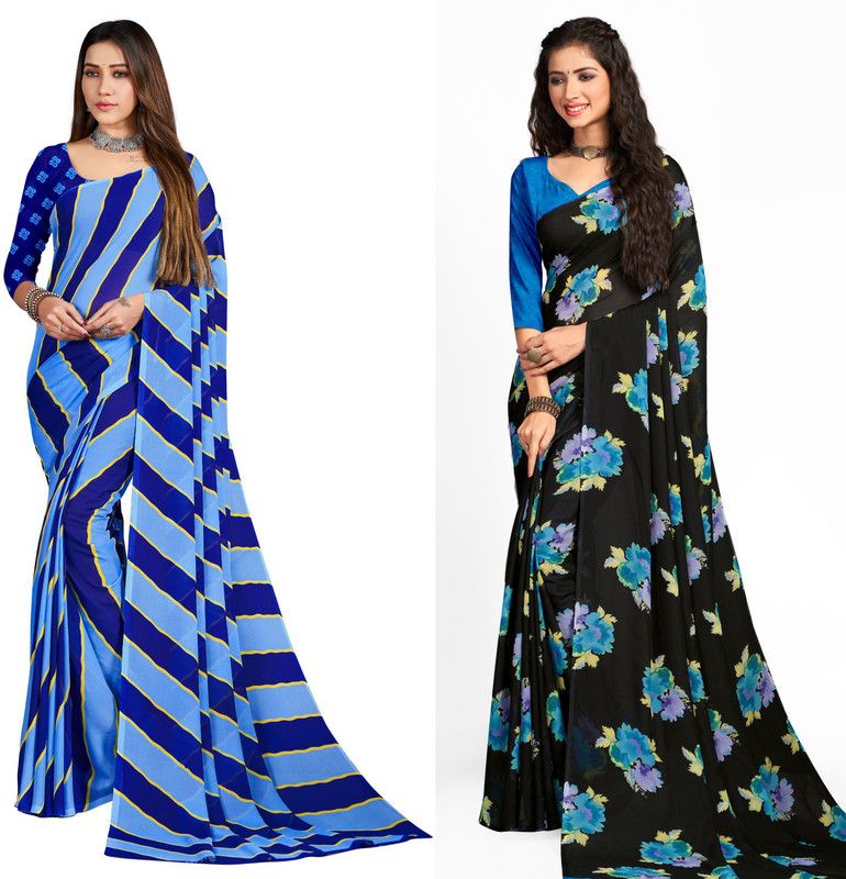 Printed Daily Wear Georgette Saree  (Pack of 2, Light Blue, Blue)