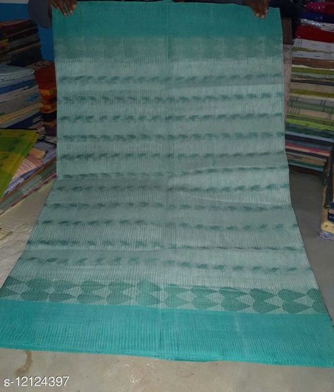 Handloom Cotton Blend Saree  (Green)