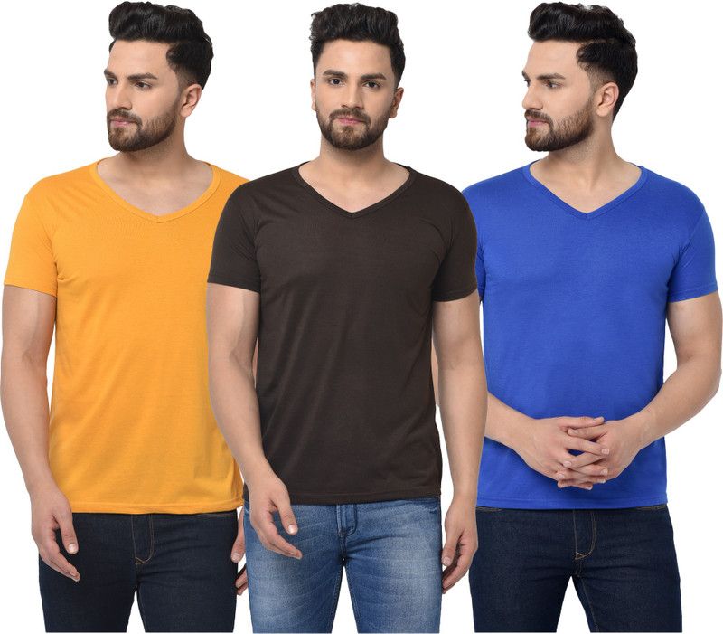 Pack of 3 V neck Combo T-shirts Multicolor Men Solid V Neck Cotton Blend Blue, Brown, Yellow T-Shirt