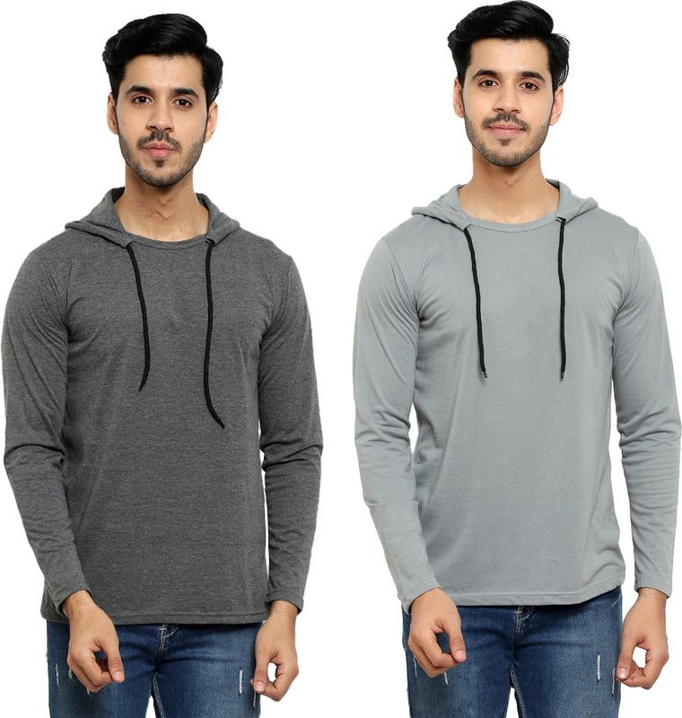Pack of 2 HMT Men Solid Hooded Neck Cotton Blend Silver, Grey T-Shirt