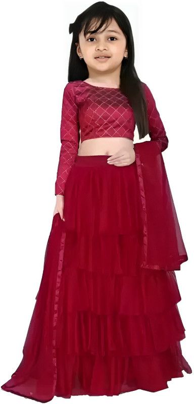 Girls Lehenga Choli Western Wear Checkered Lehenga, Choli and Dupatta Set  (Maroon, Pack of 1)