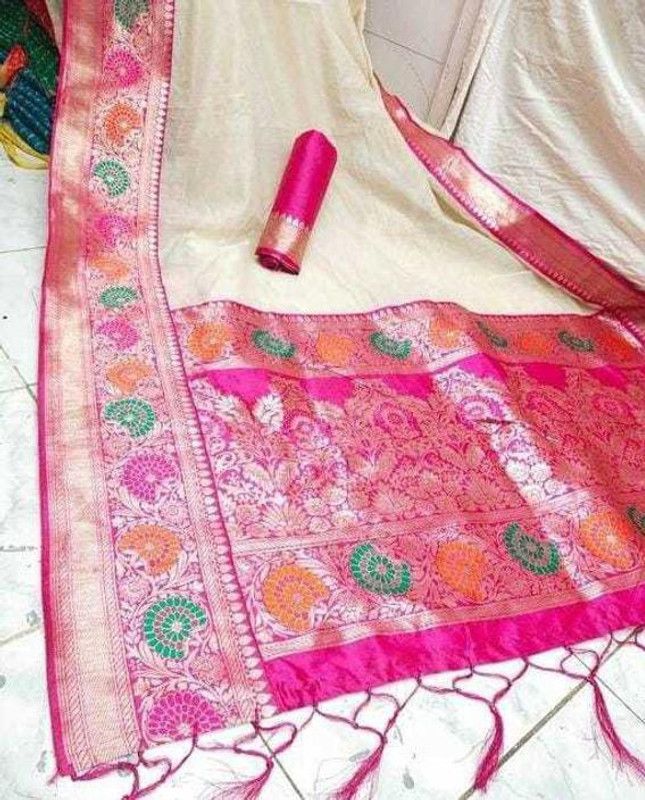 Self Design Chanderi Cotton Linen Saree  (Cream)