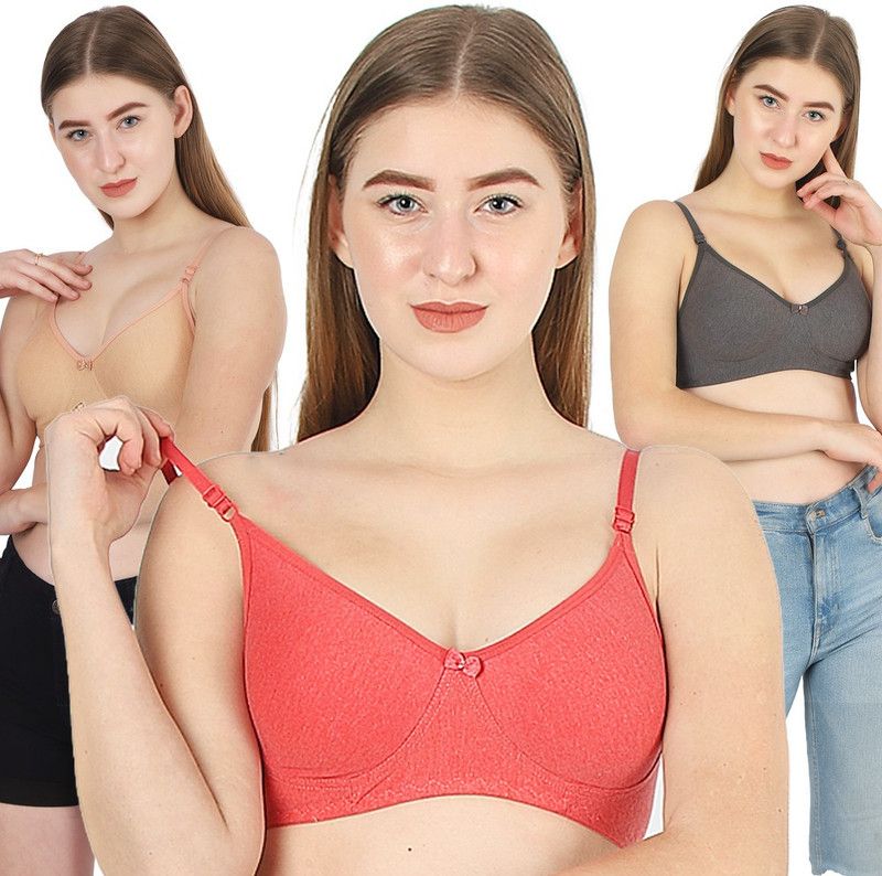 Pack of 3 Women Full Coverage Non Padded Bra  (Red, Black, Beige)