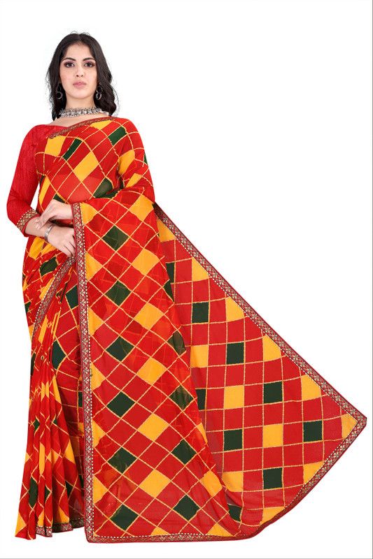 Color Block, Blocked Printed, Solid, Printed, Checkered Fashion Georgette, Chiffon Saree  (Red)