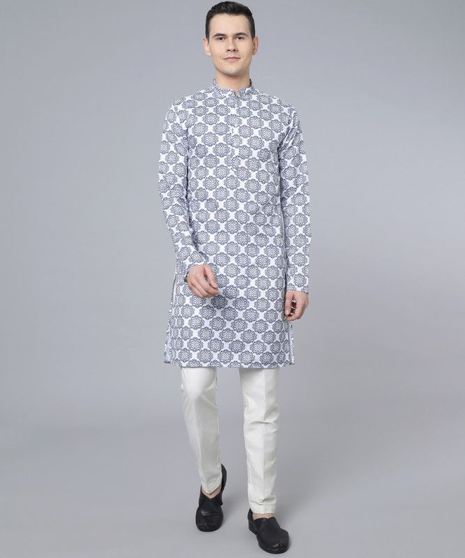 Men Printed Cotton Blend A-line Kurta  (Light Blue)