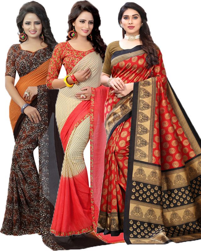 Printed Bollywood Georgette Saree  (Pack of 3, Orange, Red)
