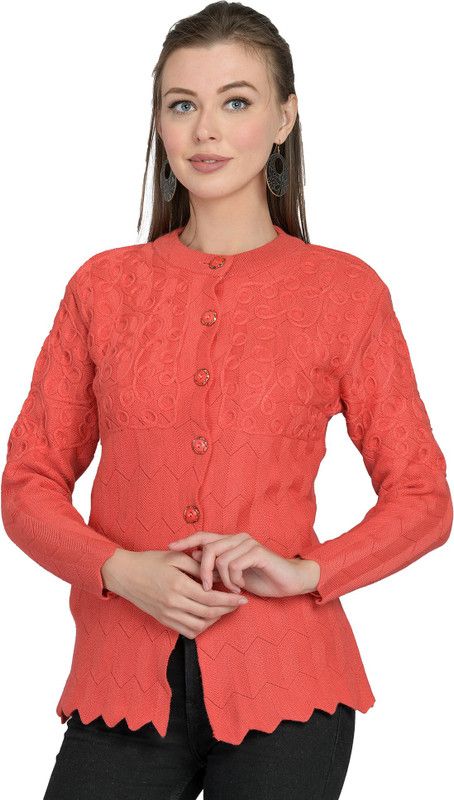Women Embroidered Round Neck Beige Sweater