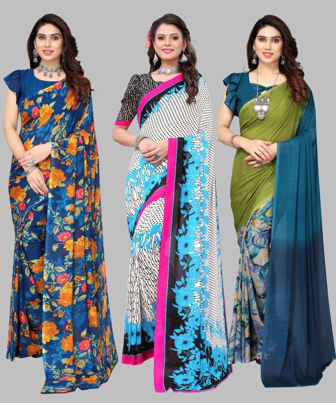 Printed Daily Wear Georgette Saree  (Pack of 3, Dark Green, White, Blue)