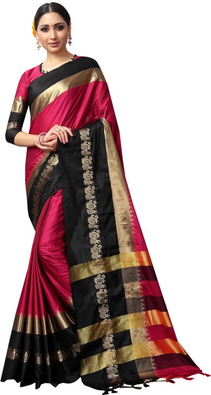 Woven Bollywood Cotton Silk Saree  (Magenta, Black)